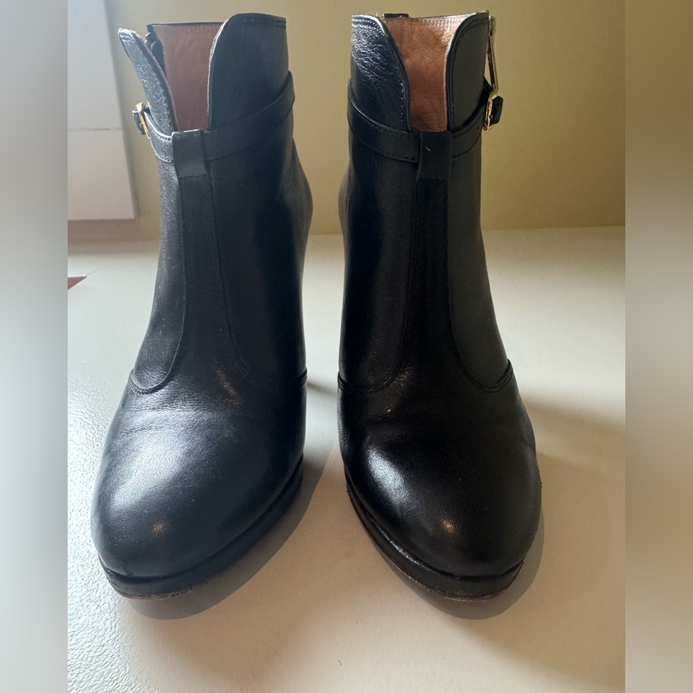 Black Leather Ankle Boots – Zip & Buckle Detail – Heeled Booties size 6
